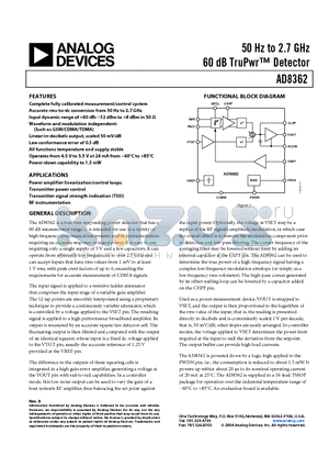 AD8362 datasheet - 50 Hz to 2.7 GHz 60 dB TruPwr Detector