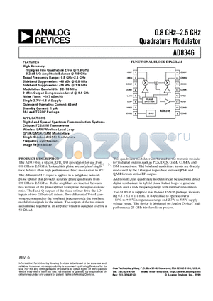 AD8346 datasheet - 0.8 GHz-2.5 GHz Quadrature Modulator