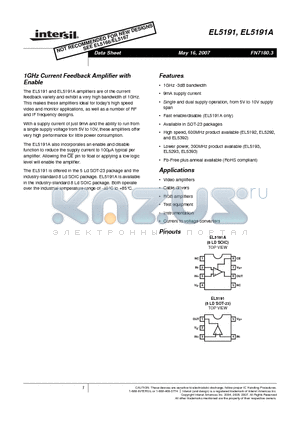 EL5191 datasheet - 1GHz Current Feedback Amplifier with Enable