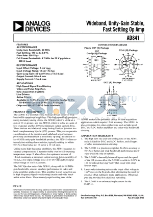 AD841SH datasheet - Wideband, Unity-Gain Stable, Fast Settling Op Amp