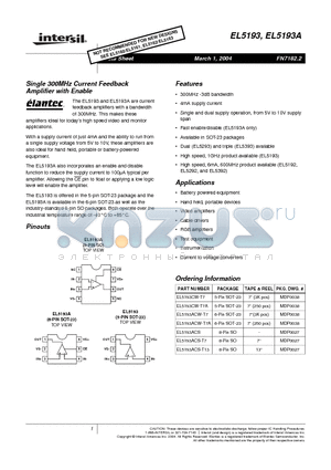 EL5193ACS datasheet - Single 300MHz Current Feedback Amplifier with Enable