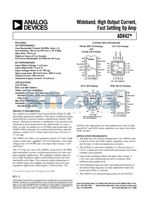 AD842SQ datasheet - Wideband, High Output Current, Fast Settling Op Amp