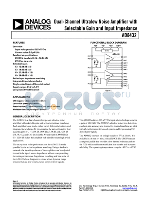 AD8432ACPZ-WP datasheet - Dual-Channel Ultralow Noise Amplifier with Selectable Gain and Input Impedance