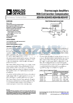 AD8495 datasheet - Thermocouple Amplifiers With Cold Junction Compensation