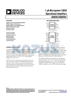 AD8502 datasheet - 1 lA Micropower CMOS Operational Amplifiers