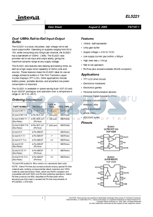 EL5221CY-T13 datasheet - Dual 12MHz Rail-to-Rail Input-Output Buffer