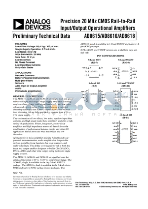 AD8616 datasheet - Precision 20 MHz CMOS Rail-to-Rail Input/Output Operational Amplifiers