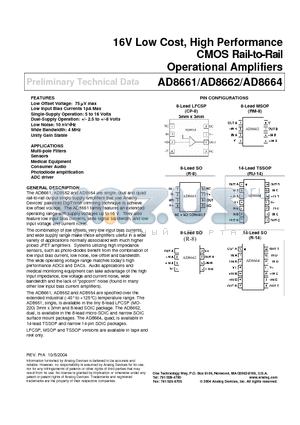 AD8662ARZ datasheet - 16V Low Cost, High Performance CMOS Rail-to-Rail Operational Amplifiers