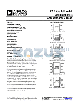 AD8666ARMZ-REEL datasheet - 16 V, 4 MHz Rail-to-Rail Output Amplifiers