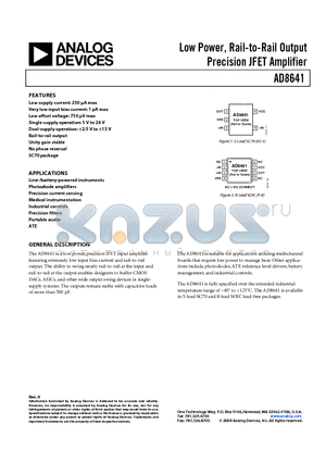 AD8641 datasheet - Low Power, Rail-to-Rail Output Precision JFET Amplifier