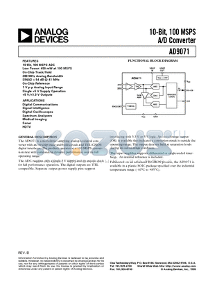 AD9071/PCB datasheet - 10-Bit, 100 MSPS A/D Converter