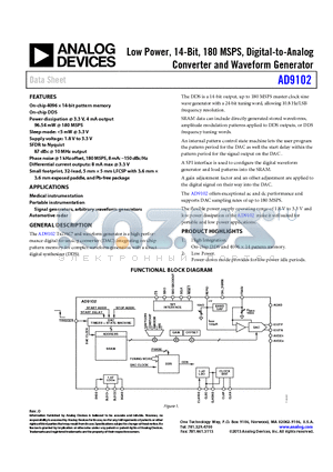 AD9102-EBZ datasheet - Low Power, 14-Bit, 180 MSPS, Digital-to-Analog Converter and Waveform Generator