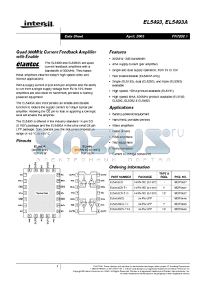 EL5493A datasheet - Quad 300MHz Current Feedback Amplifier with Enable