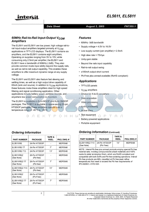 EL5811IREZ-T7 datasheet - 60MHz Rail-to-Rail Input-Output VCOM Amplifiers