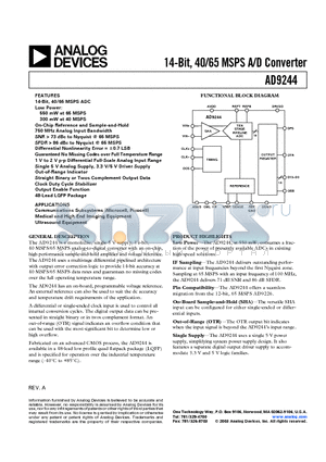 AD9244BST-65 datasheet - 14-Bit, 40/65 MSPS Monolithic A/D Converter