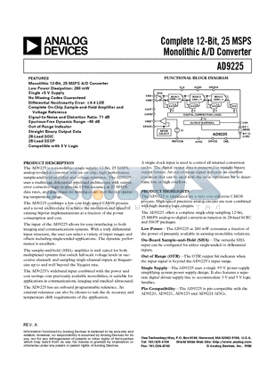 AD9225AR datasheet - Complete 12-Bit, 25 MSPS Monolithic A/D Converter