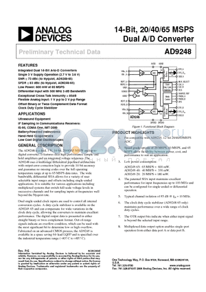 AD9248 datasheet - 14-Bit, 20/40/65 MSPS Dual A/ D Converter