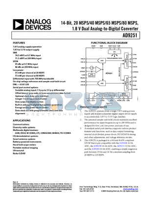 AD9251BCPZ-40 datasheet - 14-Bit, 20 MSPS/40 MSPS/65 MSPS/80 MSPS, 1.8 V Dual Analog-to-Digital Converter