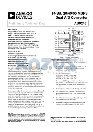 AD9248BCPZ-65 datasheet - 14-Bit, 20/40/65 MSPS Dual A/ D Converter