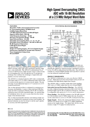 AD9260 datasheet - High-Speed Oversampling CMOS ADC with 16-Bit Resolution at a 2.5 MHz Output Word Rate