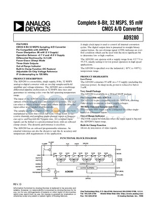 AD9280 datasheet - Complete 8-Bit, 32 MSPS, 95 mW CMOS A/D Converter