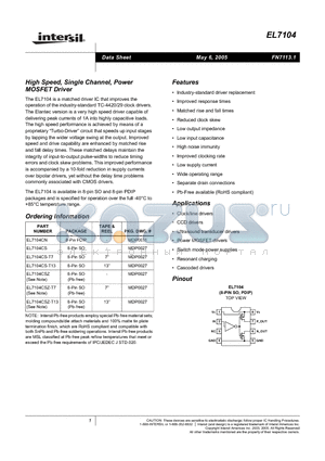 EL7104CS-T13 datasheet - High Speed, Single Channel, Power MOSFET Driver