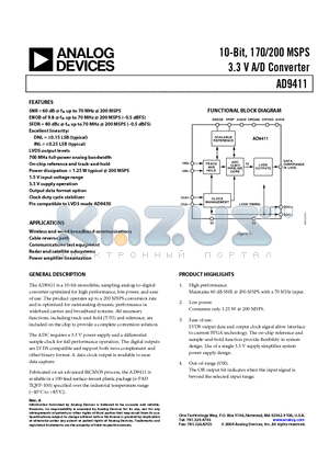 AD9411 datasheet - 10-Bit, 170/200 MSPS 3.3 V A/D Converter