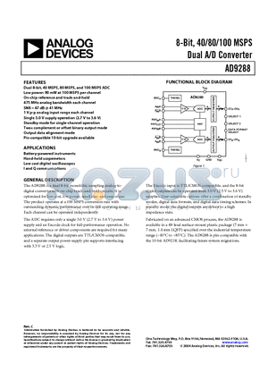 AD9288BSTZ-40 datasheet - 8-Bit, 40/80/100 MSPS Dual A/D Converter