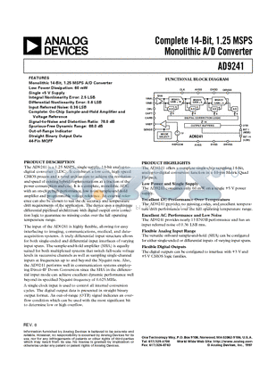 AD9241 datasheet - Complete 14-Bit, 1.25 MSPS Monolithic A/D Converter