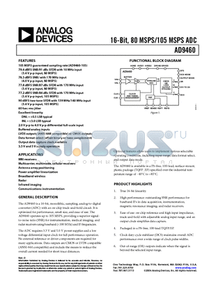 AD9460 datasheet - 16-Bit, 80 MSPS/105 MSPS ADC