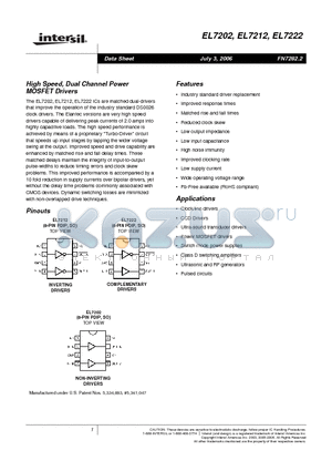 EL7222 datasheet - High Speed, Dual Channel Power MOSFET Drivers