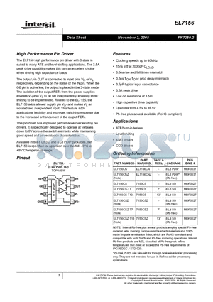 EL7156CSZ-T7 datasheet - High Performance Pin Driver
