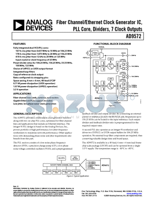 AD9572ACPZLVD datasheet - Fiber Channel/Ethernet Clock Generator IC, PLL Core, Dividers, 7 Clock Outputs