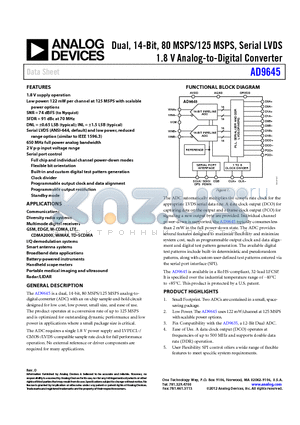 AD9645BCPZ-80 datasheet - Dual, 14-Bit, 80 MSPS/125 MSPS, Serial LVDS