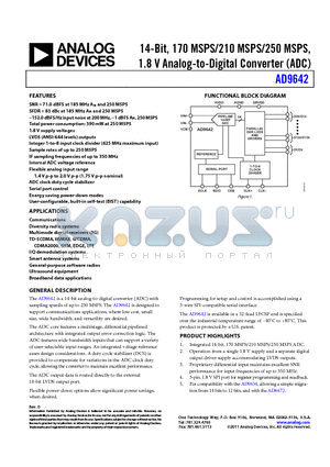 AD9642BCPZ-170 datasheet - 14-Bit, 170 MSPS/210 MSPS/250 MSPS, 1.8 V Analog-to-Digital Converter (ADC)