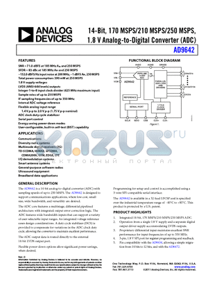 AD9642BCPZ-210 datasheet - 14-Bit, 170 MSPS/210 MSPS/250 MSPS, 1.8 V Analog-to-Digital Converter (ADC)