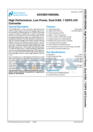 ADC08D1000QML datasheet - High Performance, Low Power, Dual 8-Bit, 1 GSPS A/D Converter