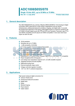 ADC1006S055H datasheet - Single 10 bits ADC, up to 55 MHz or 70 MHz