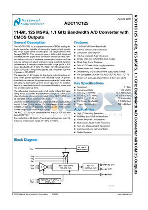 ADC11C125CISQ datasheet - 11-Bit, 125 MSPS, 1.1 GHz Bandwidth A/D Converter with CMOS Outputs