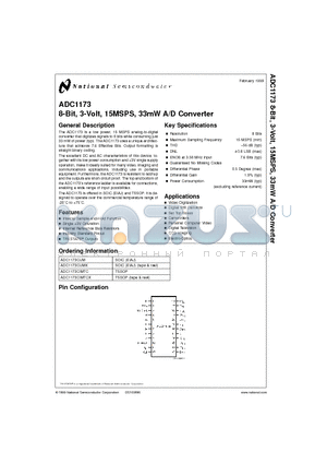 ADC1173CIMTC datasheet - 8-Bit, 3-Volt, 15MSPS, 33mW A/D Converter