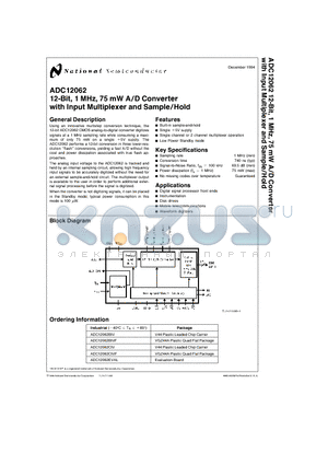 ADC12062EVAL datasheet - 12-Bit, 1 MHz, 75 mW A/D Converter