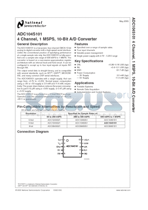 ADC104S051 datasheet - 4 Channel, 1 MSPS, 10-Bit A/D Converter