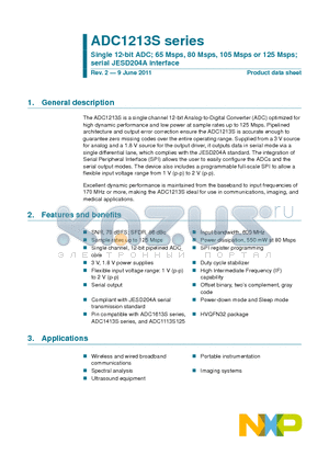 ADC1213S105C1 datasheet - Single 12-bit ADC; 65 Msps, 80 Msps, 105 Msps or 125 Msps serial JESD204A interface