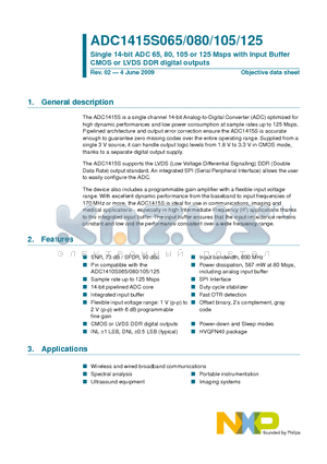 ADC1415S105HN/C1 datasheet - Single 14-bit ADC 65, 80, 105 or 125 Msps with Input Buffer CMOS or LVDS DDR digital outputs