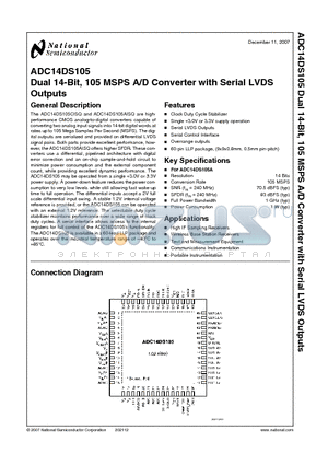 ADC14DS105AISQ datasheet - Dual 14-Bit, 105 MSPS A/D Converter with Serial LVDS Outputs