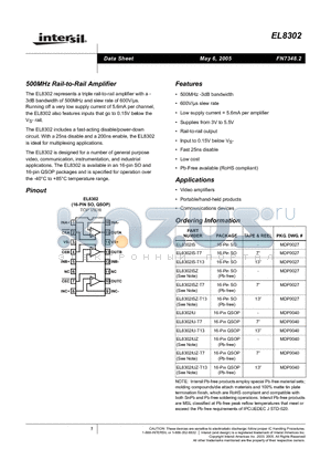 EL8302IUZ-T7 datasheet - 500MHz Rail-to-Rail Amplifier