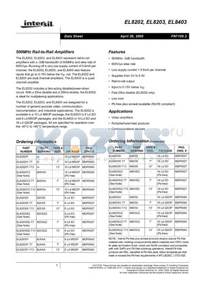 EL8403ISZ-T7 datasheet - 500MHz Rail-to-Rail Amplifiers