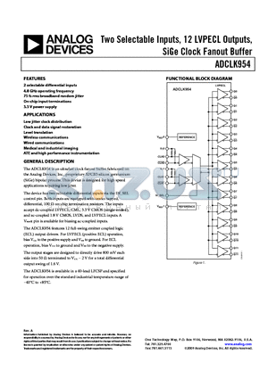 ADCLK954BCPZ-REEL7 datasheet - Two Selectable Inputs, 12 LVPECL Outputs, SiGe Clock Fanout Buffer