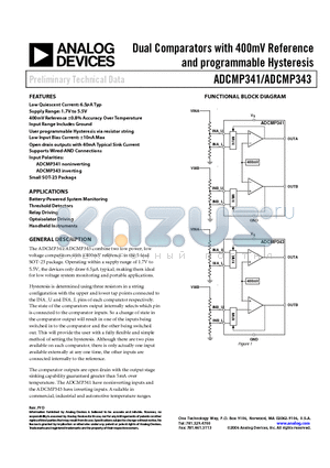 ADCMP341 datasheet - Dual Comparators with 400mV Reference and programmable Hysteresis