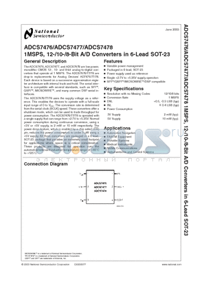 ADCS7476 datasheet - 1MSPS, 12-/10-/8-Bit A/D Converters in 6-Lead SOT-23
